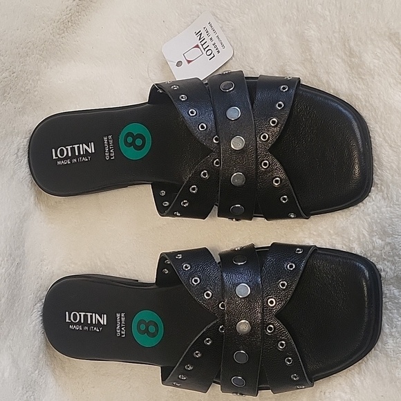 LOTTINI Made In Italy Black Multi-Band Silvertone Stud 1" Heel Flat Sandals Sz 8 - Picture 1 of 7